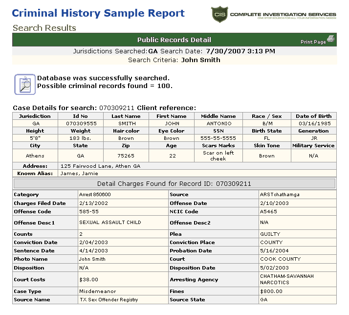 Criminal History Report Sample